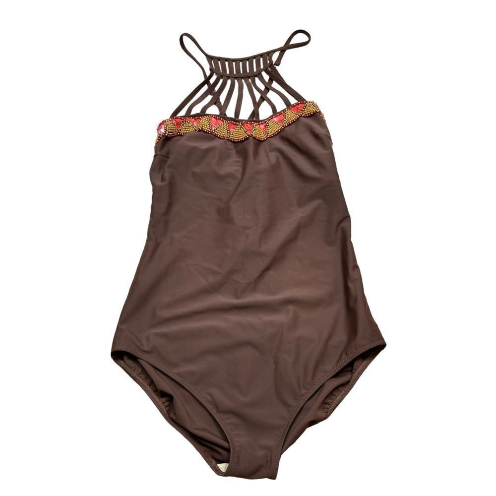 Ladies Gottex Brand Brown Cage Front Bead Detail One Piece Swim Suit Size 14